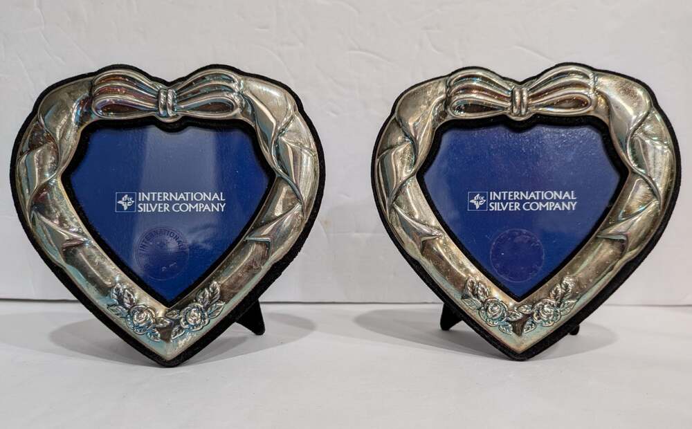 Vintage Picture Frames Lot-2 Heart Shape Int'l Silver Co Rainbow Natural Patina